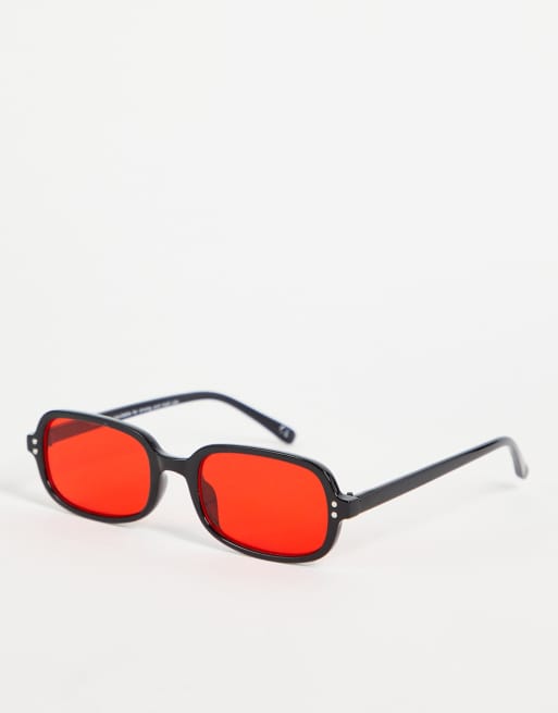 Asos Design Retro Rectangle Sunglasses With Red Lens In Black Black Asos 