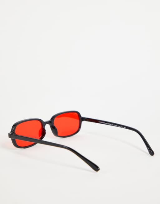 ASOS DESIGN retro rectangle sunglasses with red lens  in black  - BLACK, 4 of 4