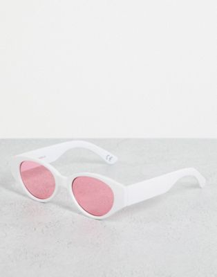 ASOS DESIGN retro oval sunglasses with pink lens in white - WHITE