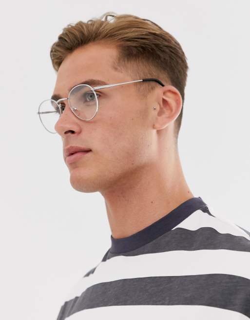 ASOS DESIGN retro round fashion glasses in silver metal with clear lens