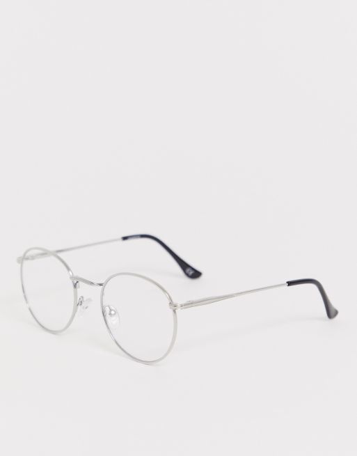 ASOS DESIGN - Retro, runde modebriller i sølvfarvet metal med klart glas