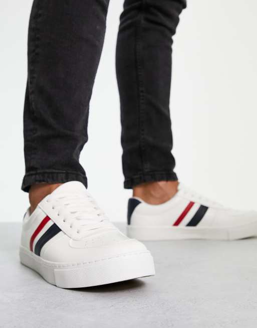 White sneakers with hot sale blue and red stripes