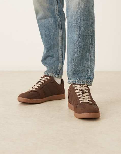 ASOS DESIGN retro sneakers with panelling and gum sole in brown - view 1
