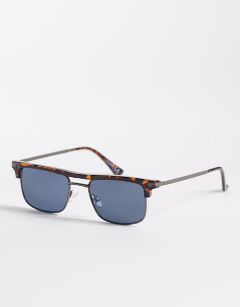 ASOS DESIGN – Retro-Sonnenbrille in Gold und Schildplatt mit blauen Gläsern - view 1
