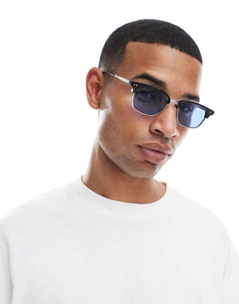 ASOS DESIGN – Retro-Sonnenbrille mit schwarz-silbernem Gestell und blau getönten Gläsern - view 1