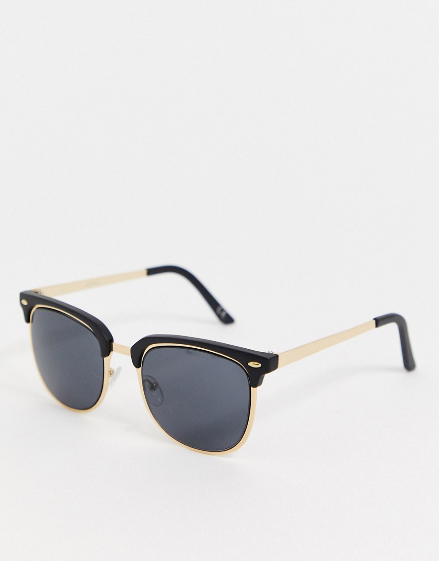ASOS DESIGN retro sunglasses in gold metal and black with smoke lenses