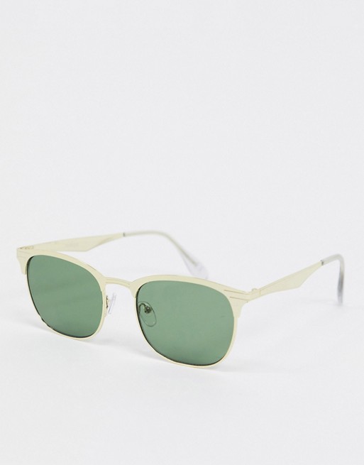 ASOS DESIGN retro sunglasses in gold metal with green smoke lens