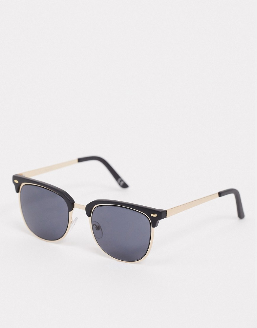 Asos Design Retro Sunglasses In Gold With Black Brow Detail And Solid Black Lens
