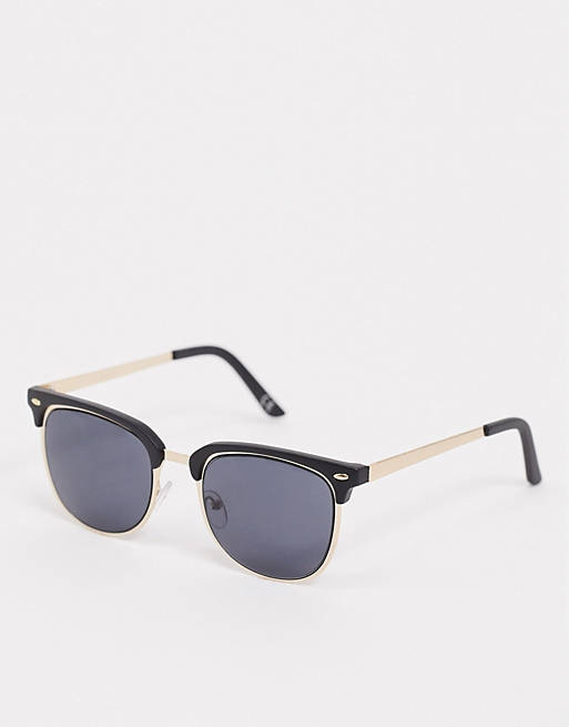 ASOS DESIGN retro sunglasses in gold with black brow detail and solid black lens