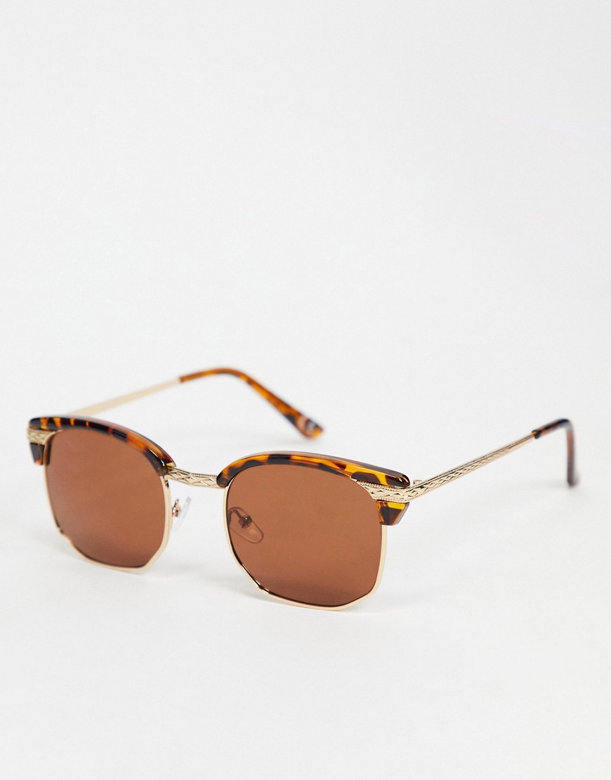 ASOS DESIGN retro sunglasses in tort with embossed gold metalware-Brown