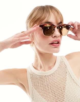 Asos Design Retro Sunglasses In Tort With Gold Flash Lens-brown