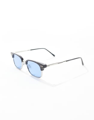 Asos Design Retro Sunglasses With Black And Silver Frame And Blue Lens