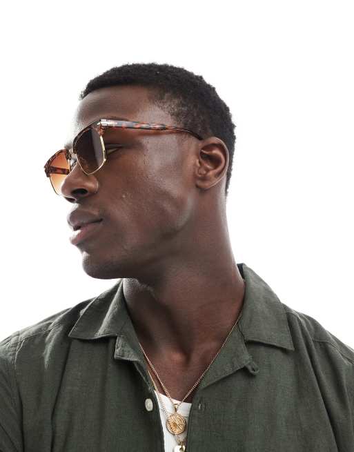 ASOS DESIGN retro sunglasses with brown ombre lens and tortoiseshell and gold frame, 2 of 3