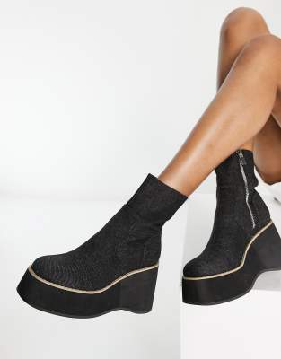 ASOS DESIGN Revenue platform wedge boots in black denim