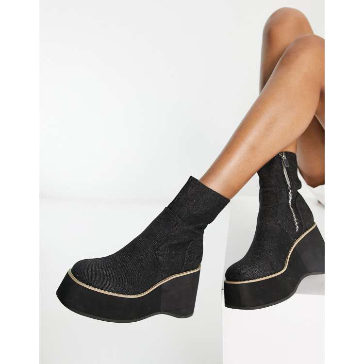 ASOS DESIGN Revenue platform wedge boots in black denim ASOS