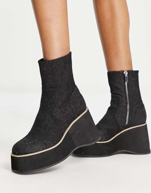 ASOS DESIGN Revenue platform wedge boots in black denim | ASOS