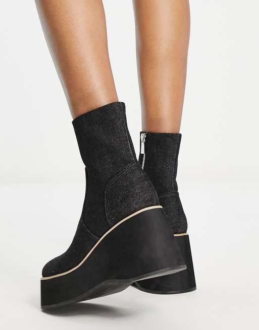 ASOS DESIGN Revenue platform wedge boots in black denim | ASOS