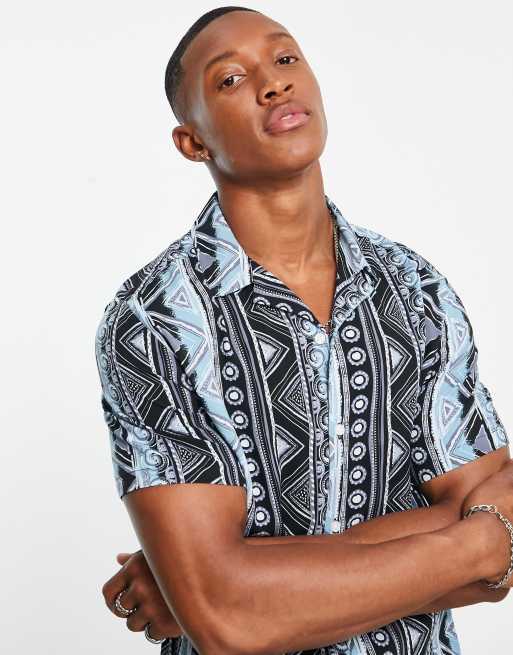 ASOS DESIGN revere aztec stripe shirt in blue and black | ASOS