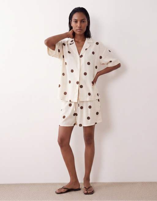 ASOS DESIGN revere collar linen co-ord shirt in polka dot, 2 of 4
