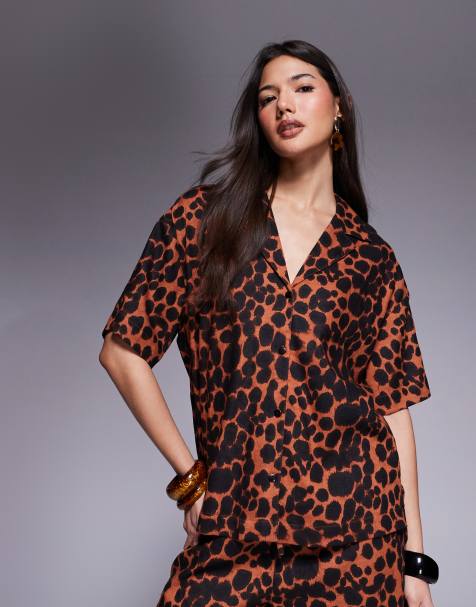 ASOS DESIGN revere collar linen shirt in animal print - part of a set - view 1