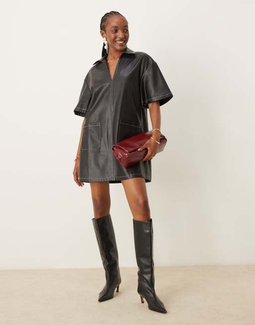 ASOS DESIGN revere collar PU leather look mini shirt dress with contrast stitching in black