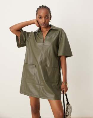 ASOS DESIGN revere collar PU leather look mini shirt dress with contrast stitching in olive-Green