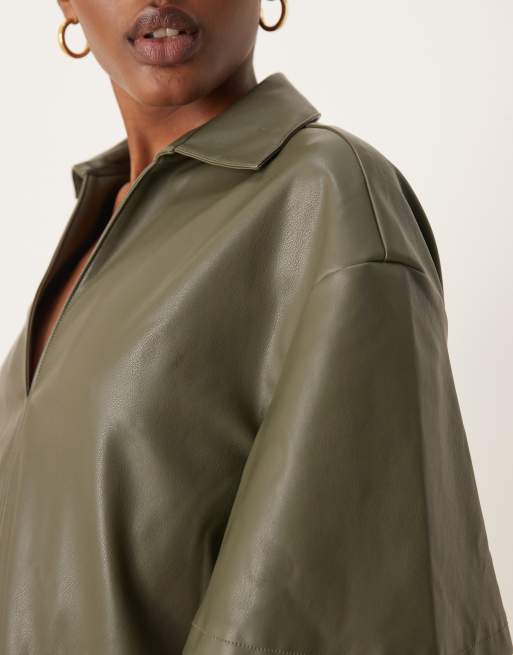 ASOS DESIGN revere collar PU leather look mini shirt dress with contrast stitching in olive