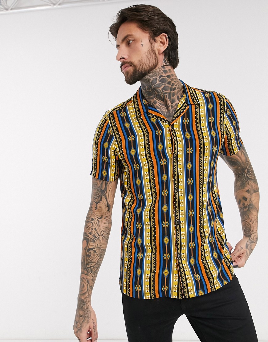 ASOS DESIGN revere collar regular fit shirt in aztec stripe print-Black