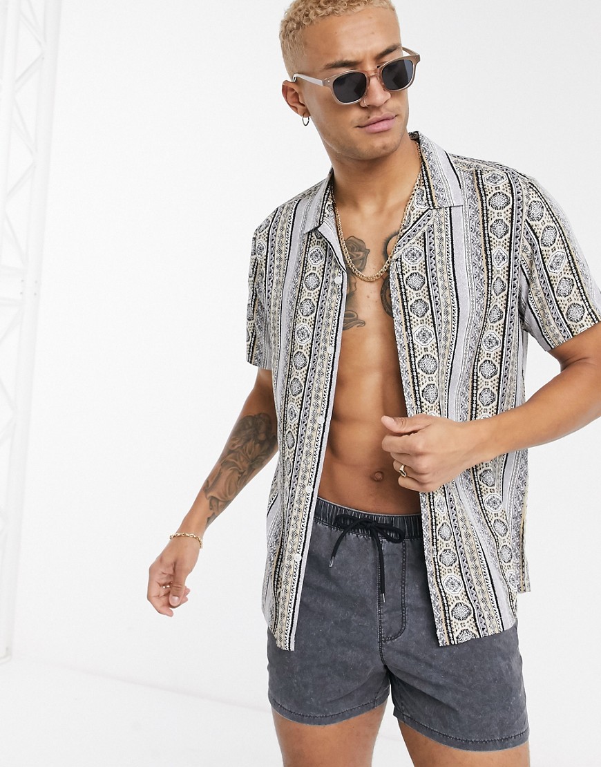 ASOS DESIGN revere collar regular fit shirt in grey aztec print