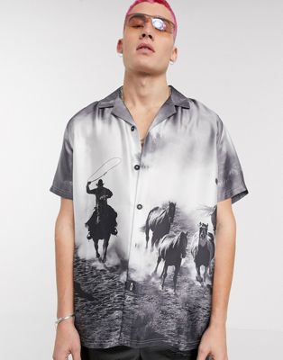 ASOS DESIGN revere collar relaxed fit satin shirt in cowboy photo print-Grey