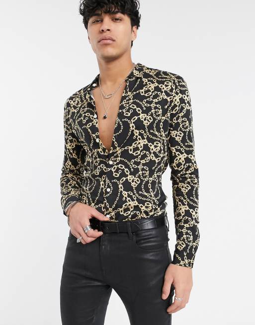 ASOS DESIGN revere collar skinny chain print shirt with deep revere collar