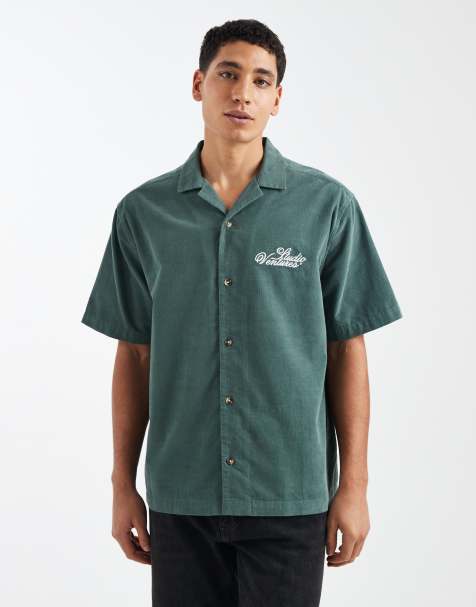 ASOS DESIGN revere cord shirt with chest embroidery in dark green - view 1