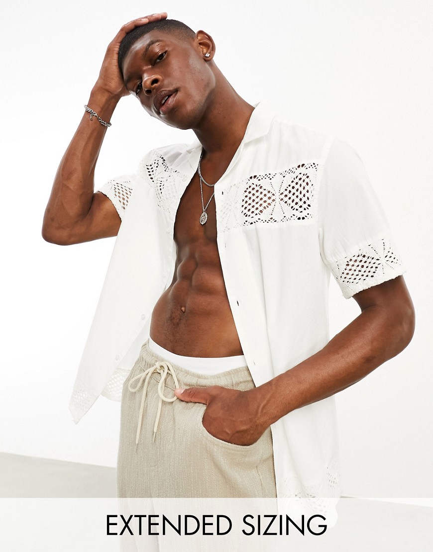 ASOS DESIGN revere cotton shirt with lace panels in white