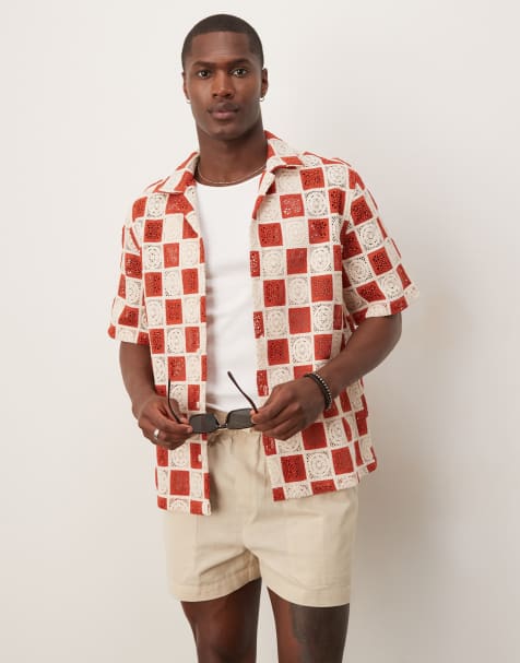 ASOS DESIGN revere crochet shirt in red and white - view 1