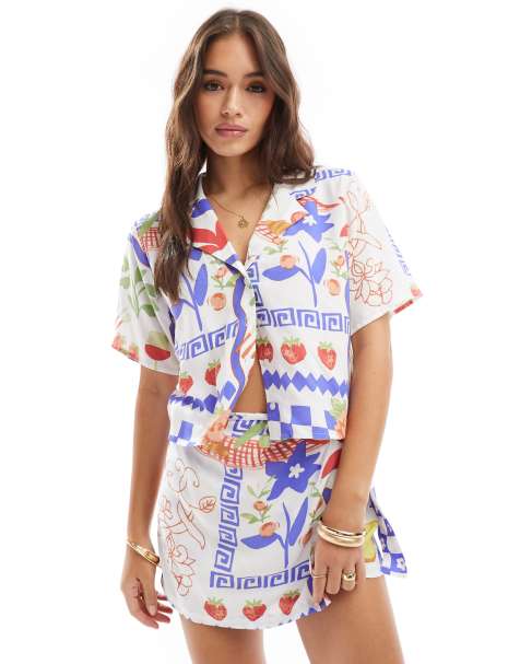 ASOS DESIGN revere crop co-ord shirt in mosaic fruit print - view 1