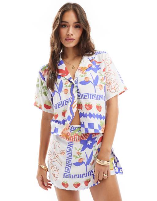 ASOS DESIGN revere crop shirt in mosaic fruit print (part of a set)