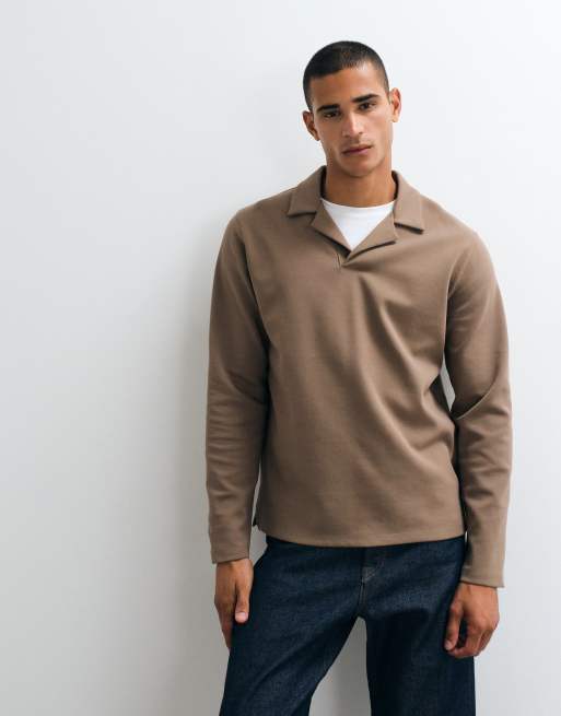 ASOS DESIGN revere long sleeve polo in brown, 3 of 5