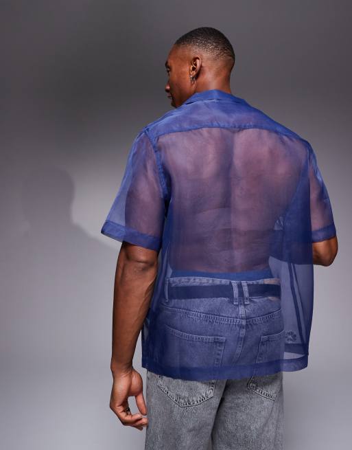 ASOS DESIGN revere organza regular shirt in blue with border embroidery, 2 of 4