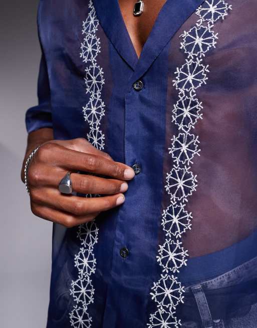 ASOS DESIGN revere organza regular shirt in blue with border embroidery, 3 of 4