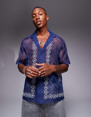 revere organza shirt in blue with border embroidery