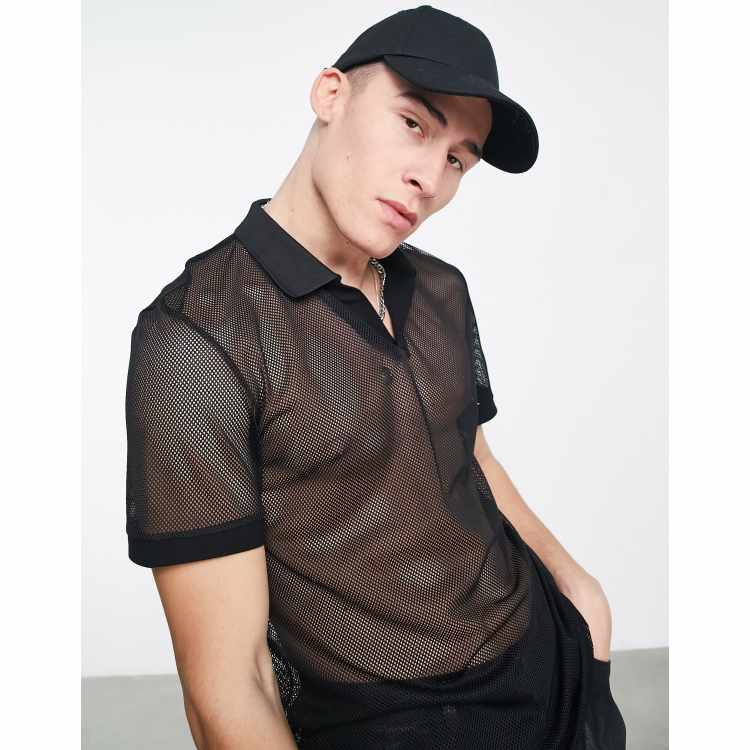 ASOS DESIGN revere polo t-shirt in black mesh | ASOS