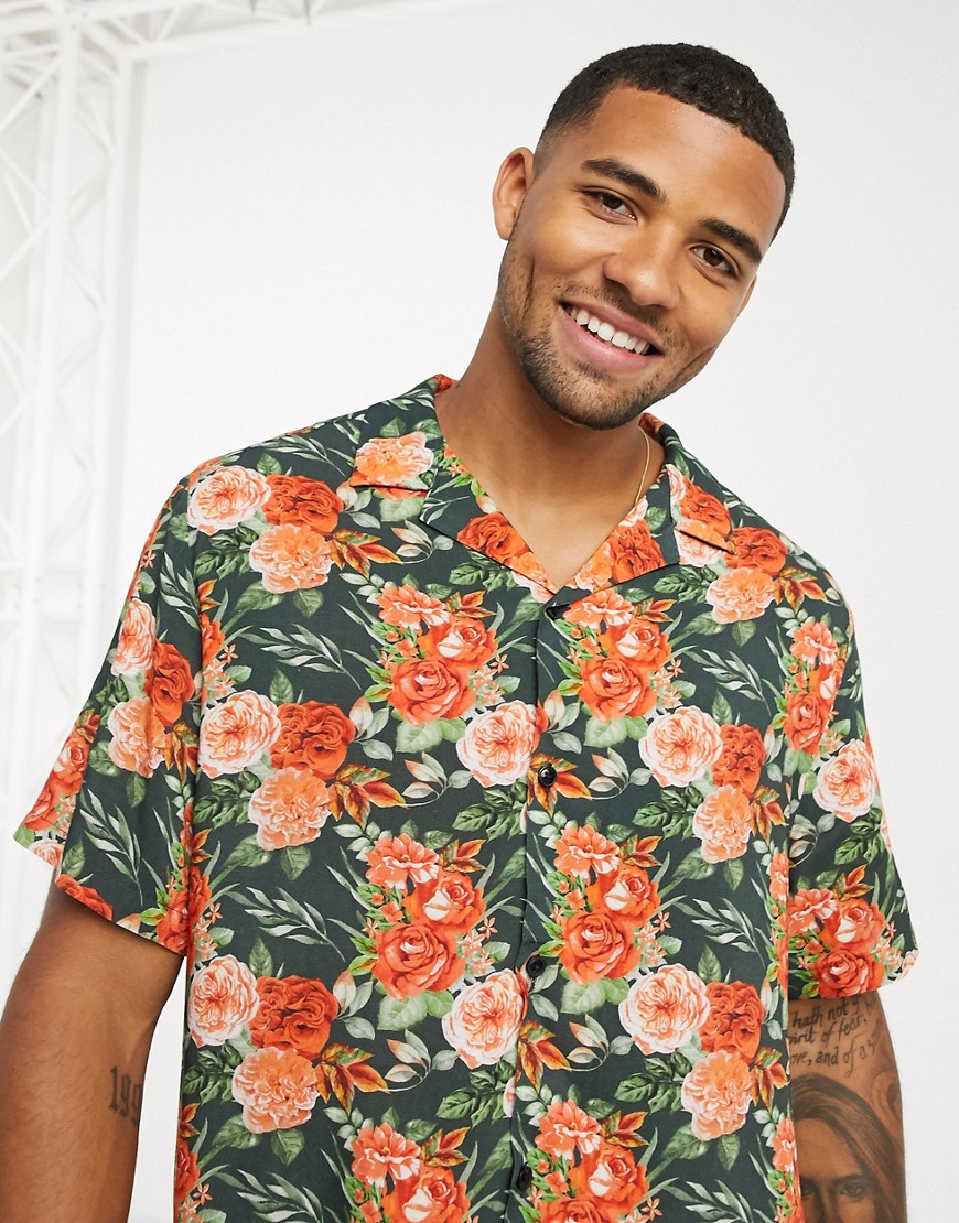 ASOS DESIGN revere relaxed fit viscose shirt in black and red floral print