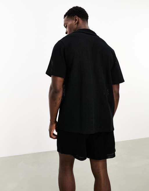 ASOS DESIGN revere shirt and shorts set in black crochet, 4 of 4