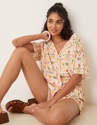 ASOS DESIGN ASOS DESIGN revere shirt co-ord in palm tree holiday print-White