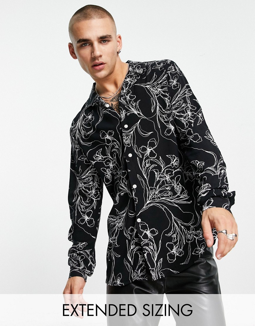 ASOS DESIGN revere shirt in black with scribble floral print