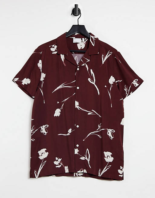 revere shirt in burgundy and white scribble floral 