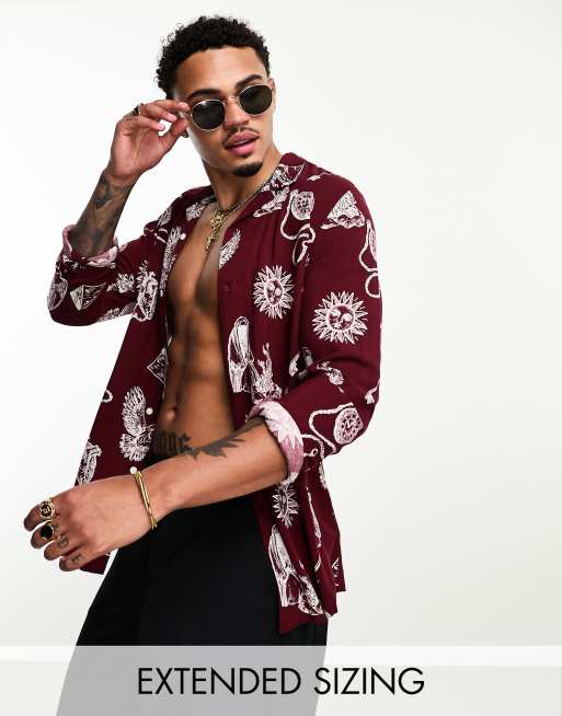 ASOS DESIGN revere shirt in burgundy with tattoo print | ASOS