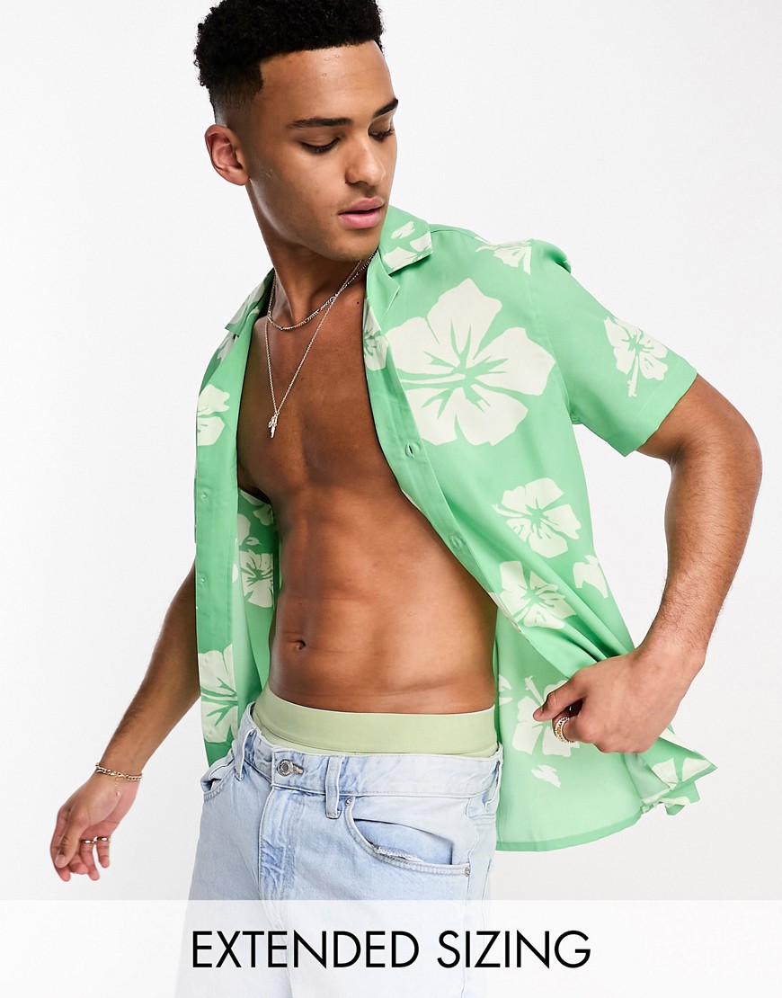 ASOS DESIGN revere shirt in sage green Hawaiian floral