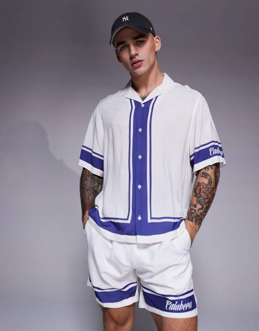 ASOS DESIGN relaxed camp collar shirt in text graphic in white - part of a set