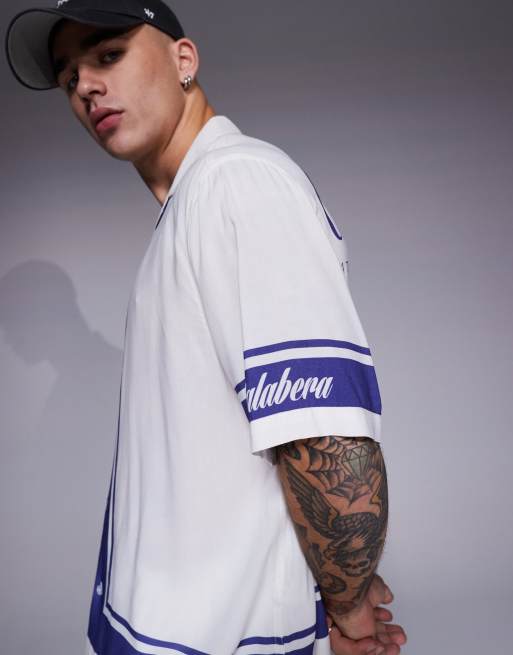 ASOS DESIGN relaxed camp collar shirt in text graphic in white - part of a set